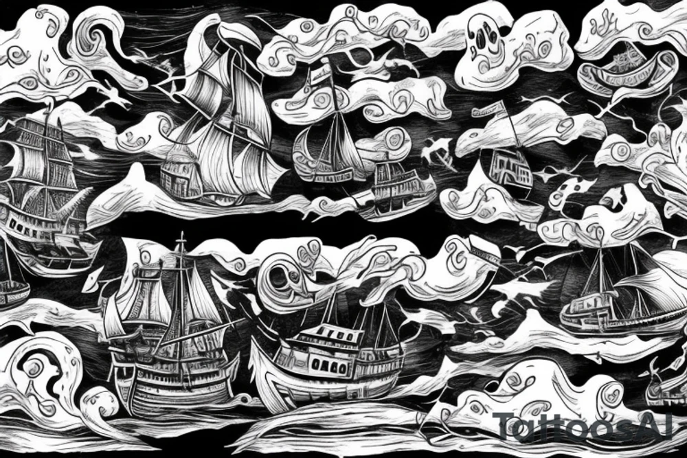 Realistic Ghost ship in storm with night background tattoo idea Realistic Ghost ship in storm with night background tattoo idea