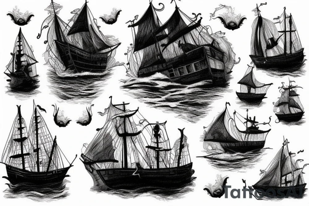 Realistic Ghost ship in storm with night background tattoo idea