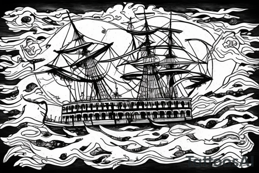Realistic Ghost ship in storm with night background tattoo idea