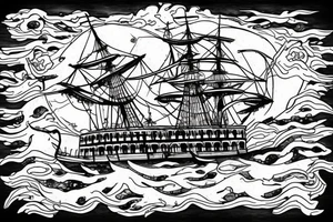 Realistic Ghost ship in storm with night background tattoo idea