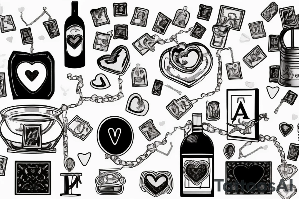 Still life of objects laid flat on a table: broken heart-shaped ashtray, lit match, necklace with an initial, bottle of wine, birdcage, playing cards, car keys, and a ring tattoo idea