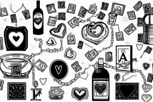 Still life of objects laid flat on a table: broken heart-shaped ashtray, lit match, necklace with an initial, bottle of wine, birdcage, playing cards, car keys, and a ring tattoo idea