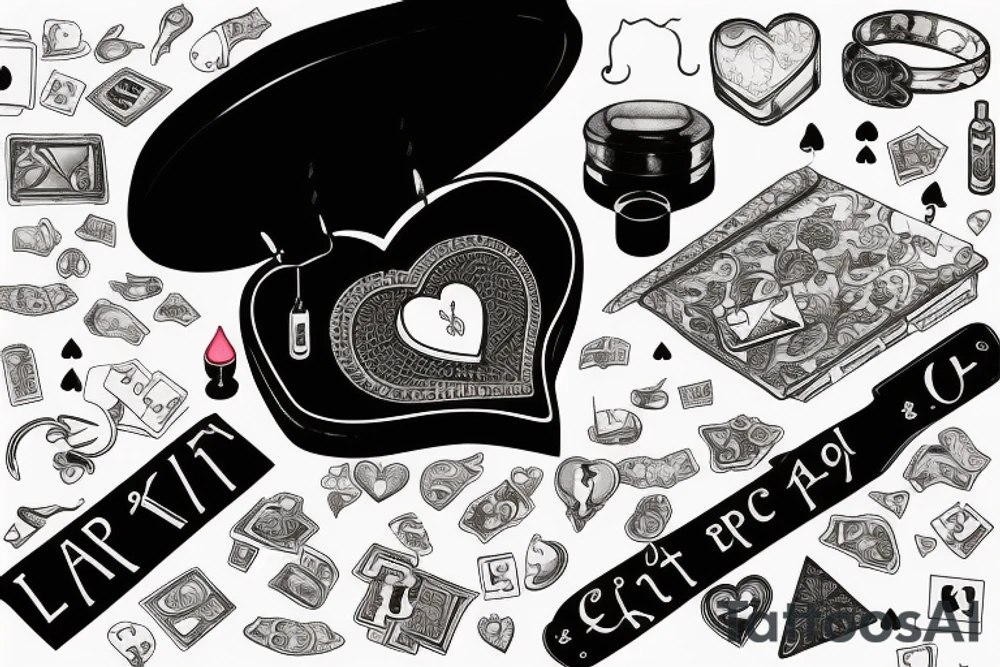 Still life of objects laid flat on a table: broken heart-shaped ashtray, lit match, necklace with an initial, bottle of wine, birdcage, playing cards, car keys, and a ring tattoo idea