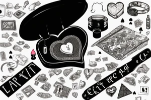 Still life of objects laid flat on a table: broken heart-shaped ashtray, lit match, necklace with an initial, bottle of wine, birdcage, playing cards, car keys, and a ring tattoo idea