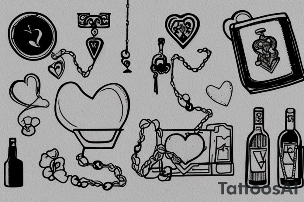 Still life of objects laid flat on a table: a broken heart-shaped ashtray, lit match, necklace with an initial, bottle of wine, birdcage, playing cards, car keys, and a ring tattoo idea