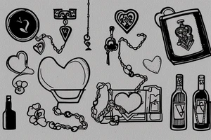 Still life of objects laid flat on a table: a broken heart-shaped ashtray, lit match, necklace with an initial, bottle of wine, birdcage, playing cards, car keys, and a ring tattoo idea