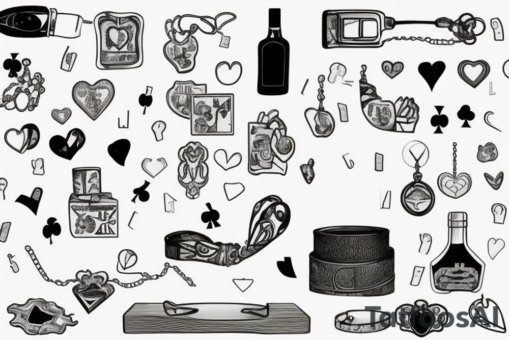 Still life of objects laid flat on a table: a broken heart-shaped ashtray, lit match, necklace with an initial, bottle of wine, birdcage, playing cards, car keys, and a ring tattoo idea