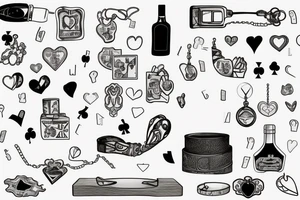 Still life of objects laid flat on a table: a broken heart-shaped ashtray, lit match, necklace with an initial, bottle of wine, birdcage, playing cards, car keys, and a ring tattoo idea