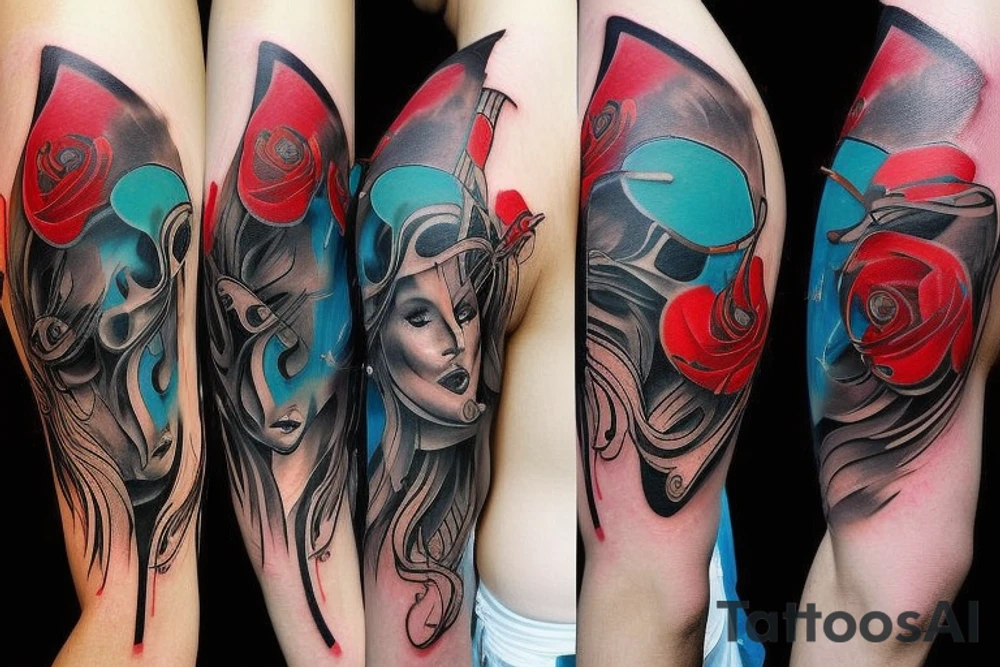 colors are black, turquoise, red. a tattoo model that extends from the elbow to the shoulder. There are brush strokes tattoo idea