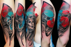 colors are black, turquoise, red. a tattoo model that extends from the elbow to the shoulder. There are brush strokes tattoo idea