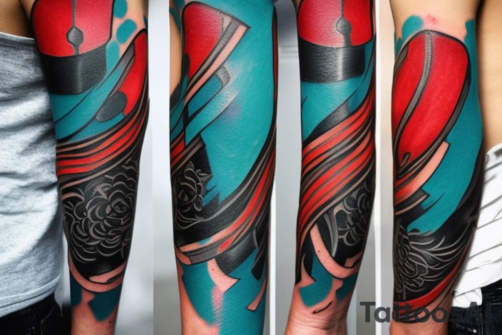 colors are black, turquoise, red. a tattoo model that extends from the elbow to the shoulder. There are brush strokes tattoo idea