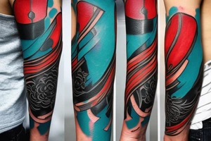 colors are black, turquoise, red. a tattoo model that extends from the elbow to the shoulder. There are brush strokes tattoo idea