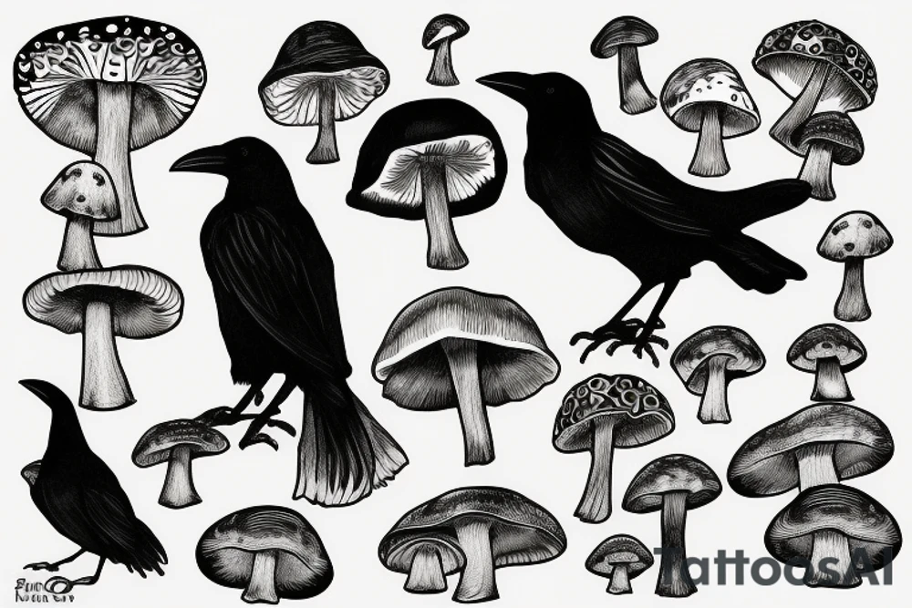 raven on a mushroom tattoo idea