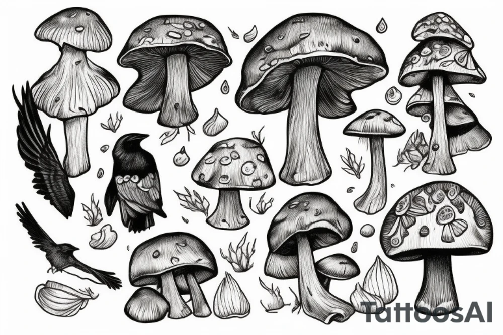 raven on a mushroom tattoo style tattoo idea