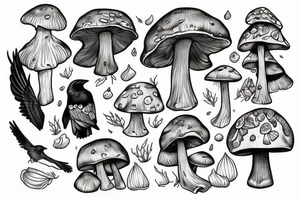 raven on a mushroom tattoo style tattoo idea