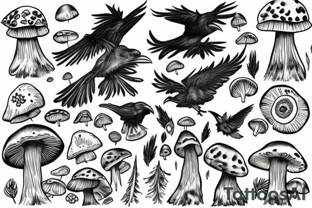 raven on a mushroom tattoo style tattoo idea