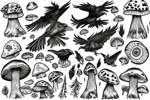 raven on a mushroom tattoo style tattoo idea
