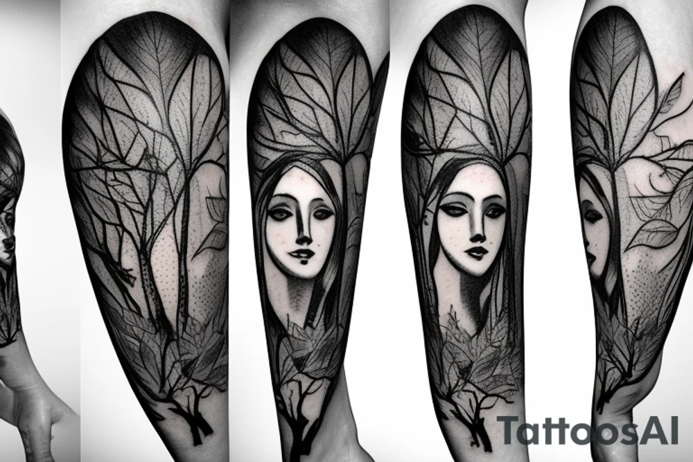 Tree with woman’s face in leaves tattoo idea