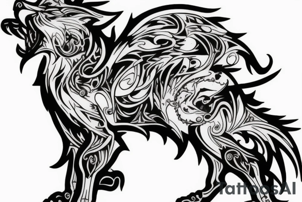 An artistic wolf runing and howling tattoo idea