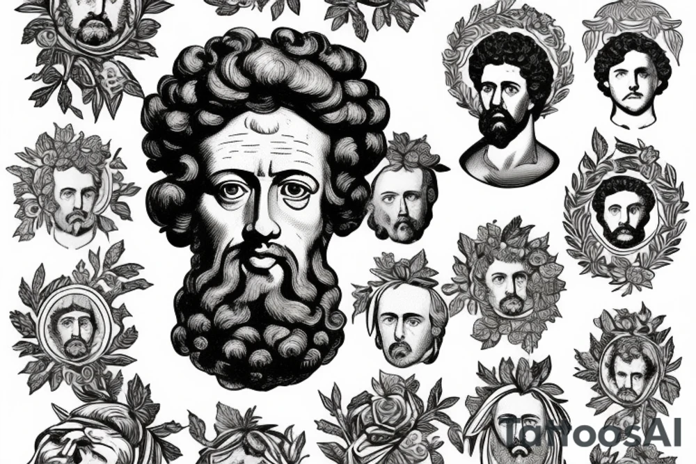 Old school style portrait of marcus aurelius with wreath tattoo idea