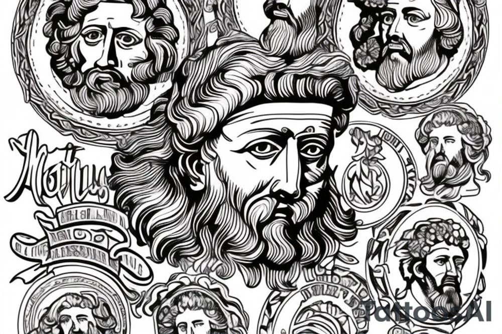 traditional bold line style portrait of marcus aurelius with wreath in full color tattoo idea