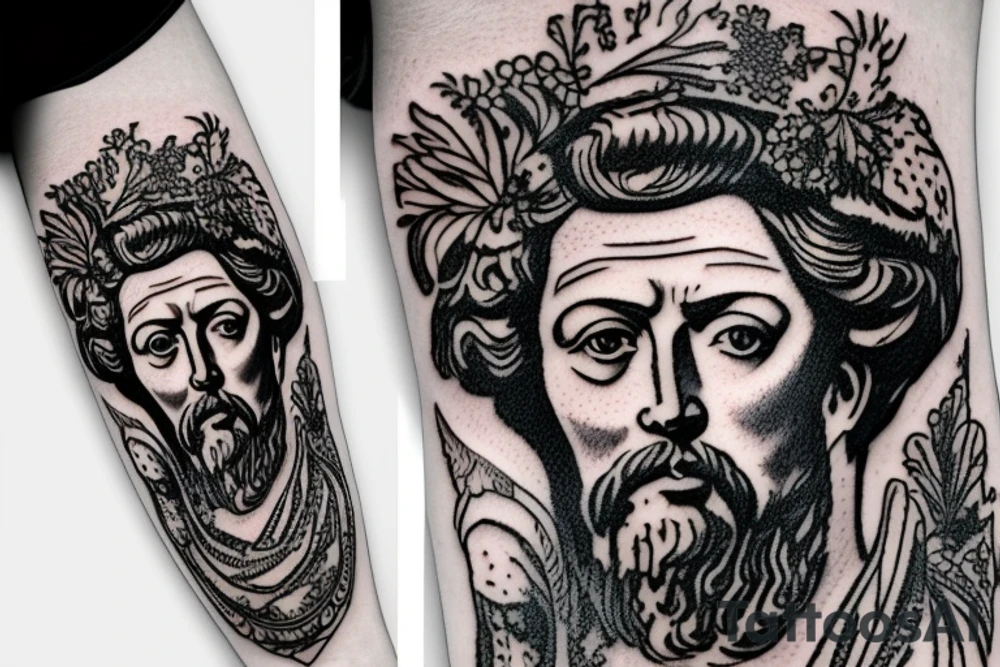 traditional bold line style portrait of marcus aurelius with wreath in full color tattoo idea