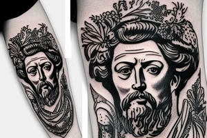 traditional bold line style portrait of marcus aurelius with wreath in full color tattoo idea