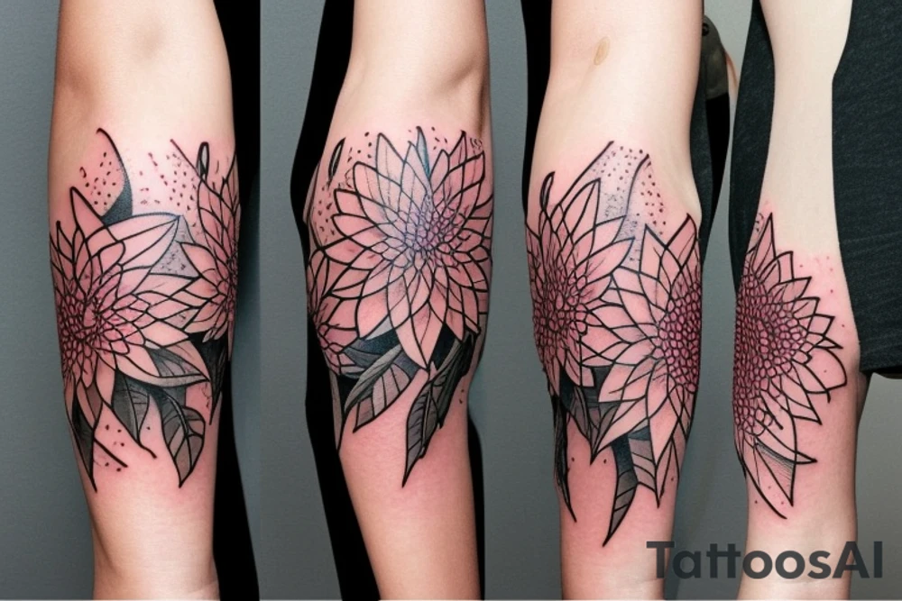 Dahlias growing around a fox skull tattoo idea