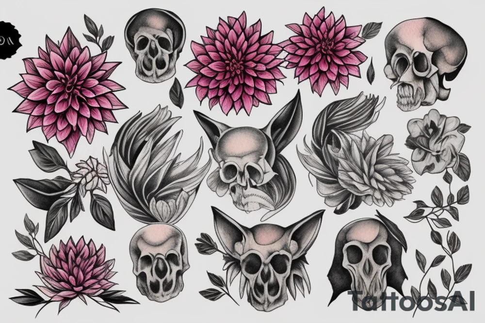 Dahlias growing around a fox skull tattoo idea