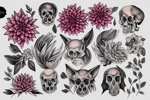 Dahlias growing around a fox skull tattoo idea