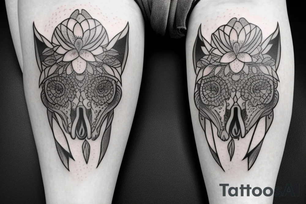 Dahlias growing around a fox skull tattoo idea