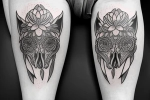 Dahlias growing around a fox skull tattoo idea