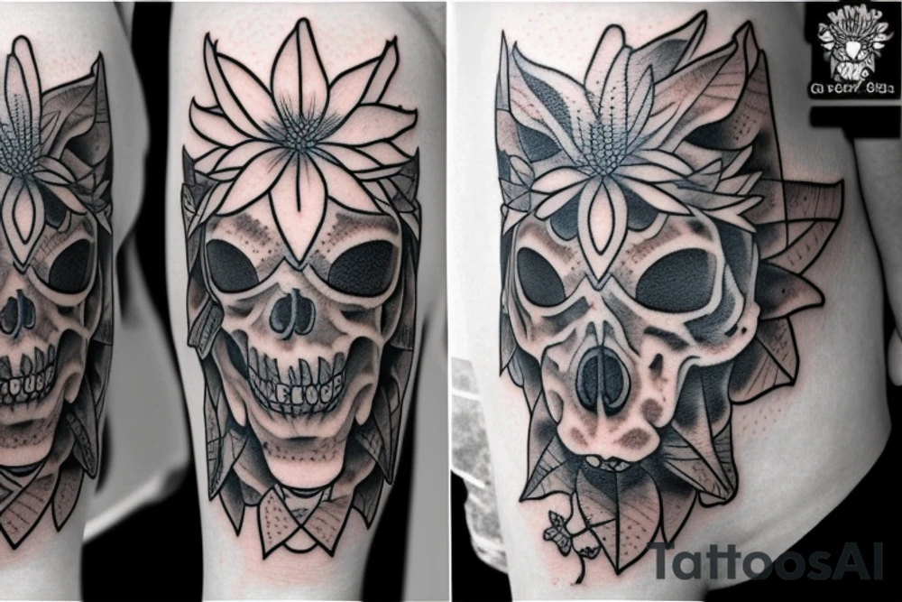 Dahlias growing around a fox skull tattoo idea