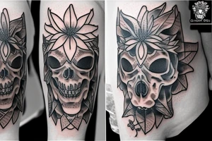 Dahlias growing around a fox skull tattoo idea