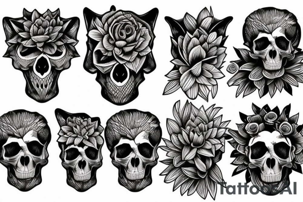 Dahlias growing around the skull of a fox tattoo idea