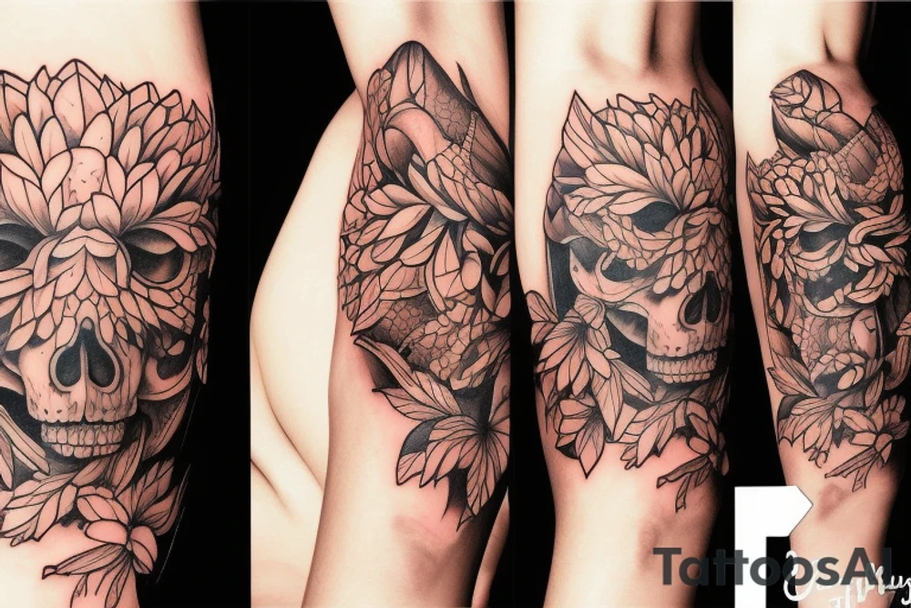 Dahlias growing around the skull of a fox tattoo idea