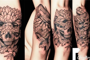 Dahlias growing around the skull of a fox tattoo idea