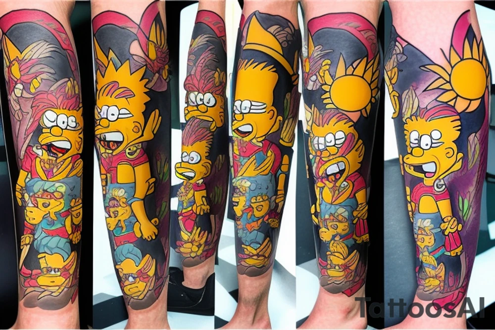 Tom and jery, coyote and road runner and bart and lisa simpson leg tattoo tattoo idea
