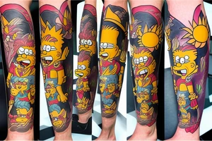 Tom and jery, coyote and road runner and bart and lisa simpson leg tattoo tattoo idea
