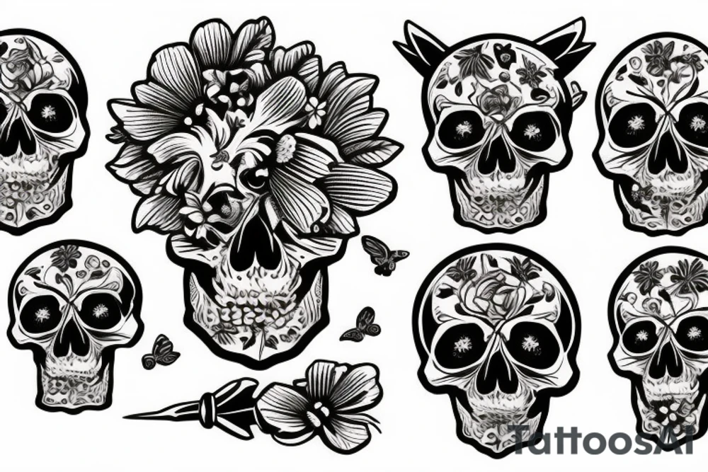 Skull with flowers moth knife tattoo idea