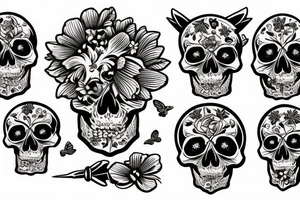 Skull with flowers moth knife tattoo idea