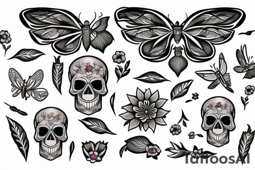 Skull with flowers moth knife tattoo idea