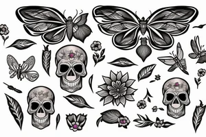 Skull with flowers moth knife tattoo idea