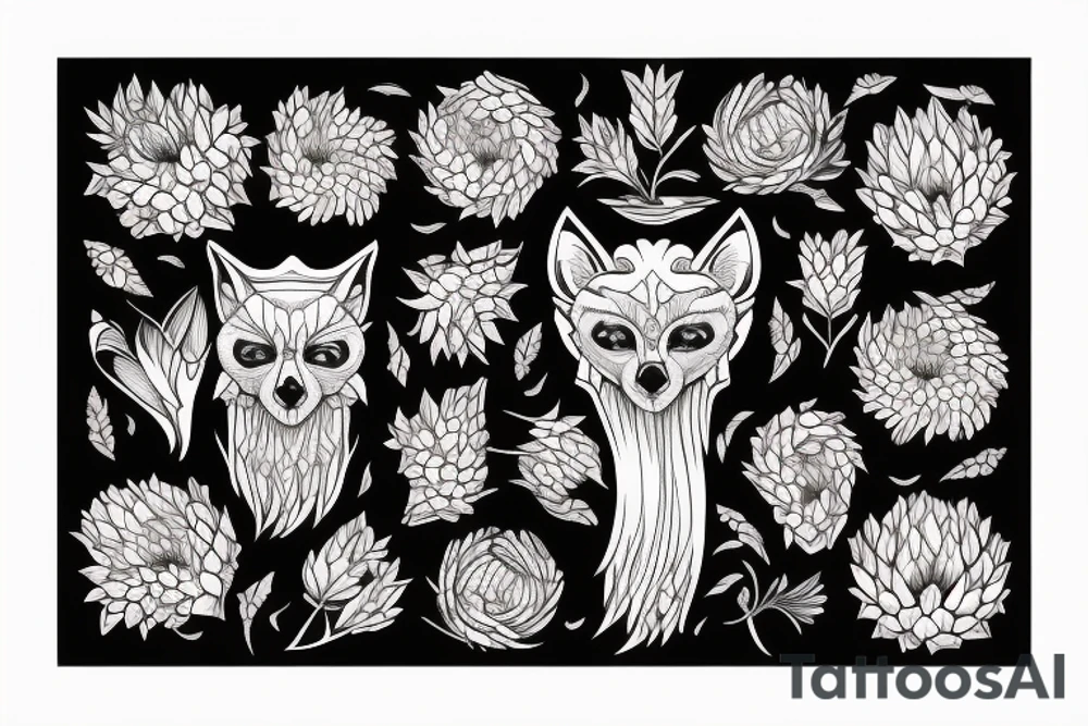Fox of a skull made out of dahlias tattoo idea
