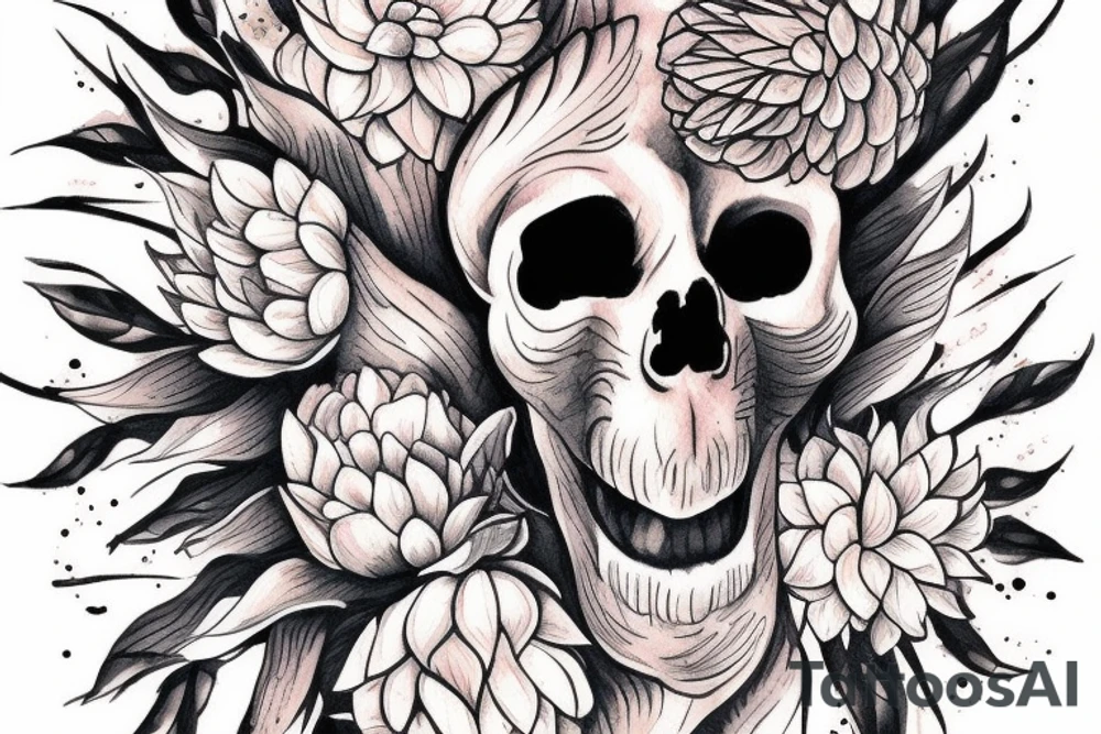 Skull of a fox made out of dahlias tattoo idea
