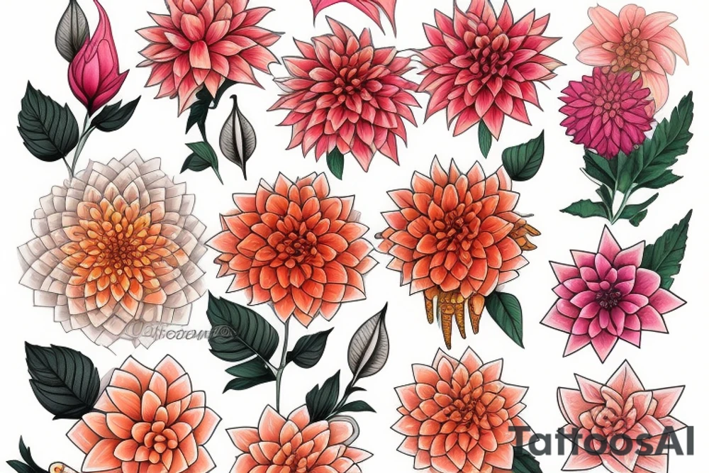 Orange and pink dahlias tattoo idea