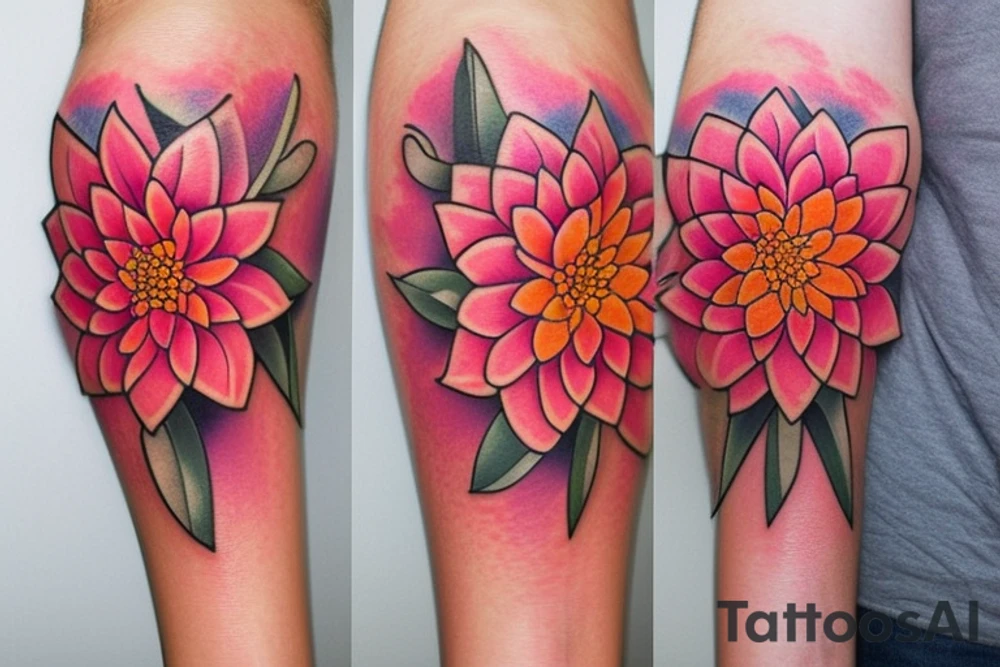 Orange and pink dahlias tattoo idea