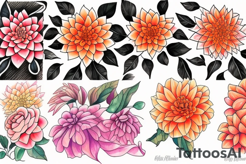 Orange and pink dahlias tattoo idea