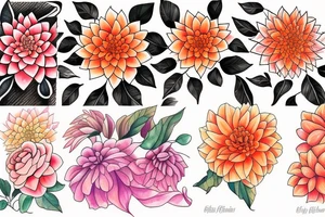 Orange and pink dahlias tattoo idea