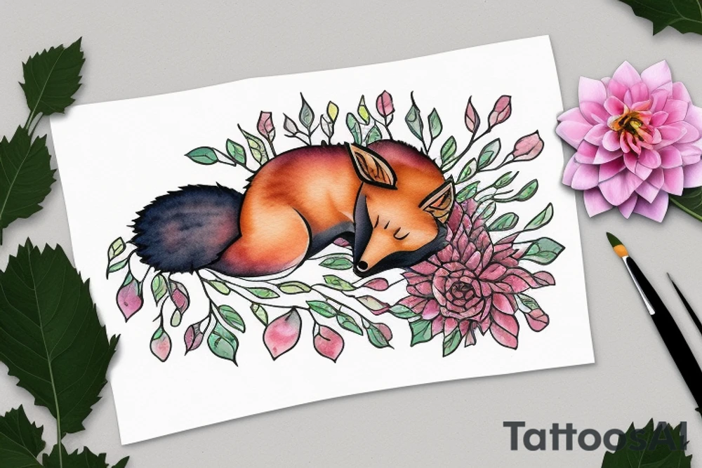 Fox sleeping in dahlias tattoo idea